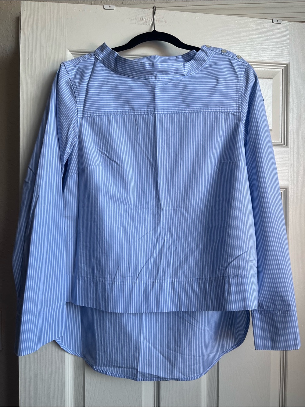 NWT J. Crew Factory Blue Pinstripe Button-Shoulder Popover Blouse